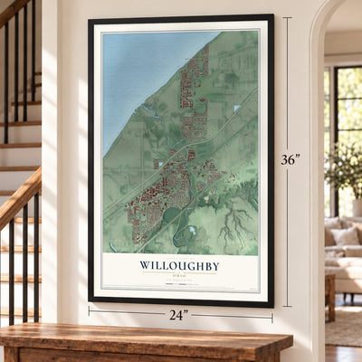 Willoughby, Ohio map, 24 x 36 inch print in a black frame by a staircase