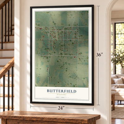 Butterfield, Missouri map, 24 x 36 inch print in a black frame by a staircase