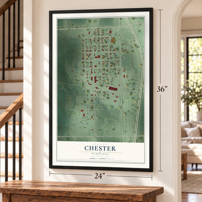 Chester, Nebraska map, 24 x 36 inch print in a black frame by a staircase