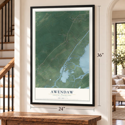 Awendaw, South Carolina map, 24 x 36 inch print in a black frame by a staircase