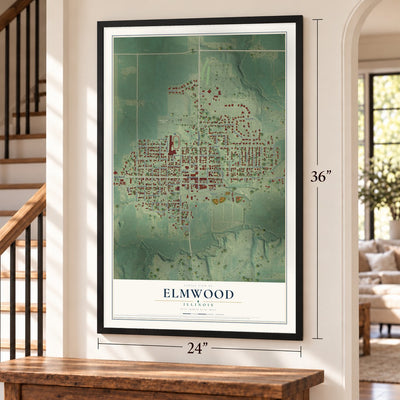 Elmwood, Illinois map, 24 x 36 inch print in a black frame by a staircase