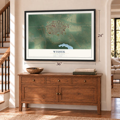 Wishek, North Dakota map, 24 x 36 inch print in a black frame above a dresser by a staircase