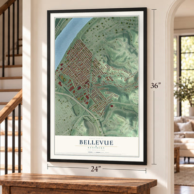 Bellevue, Kentucky map, 24 x 36 inch print in a black frame by a staircase