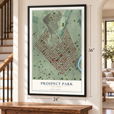 Prospect Park, New Jersey map, 24 x 36 inch print in a black frame by a staircase