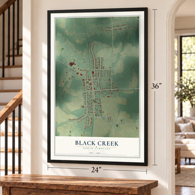 Black Creek, North Carolina map, 24 x 36 inch print in a black frame by a staircase