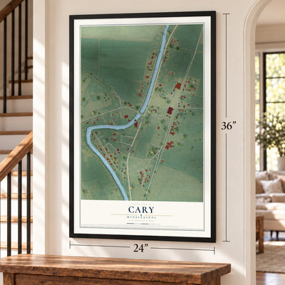 Cary, Mississippi map, 24 x 36 inch print in a black frame by a staircase