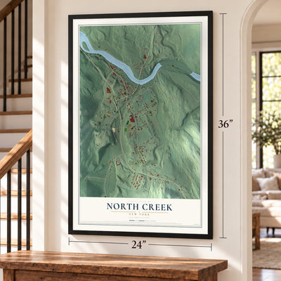 North Creek, New York map, 24 x 36 inch print in a black frame by a staircase