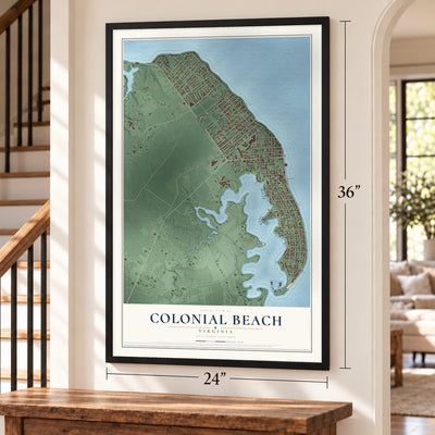Colonial Beach, Virginia map, 24 x 36 inch print in a black frame by a staircase
