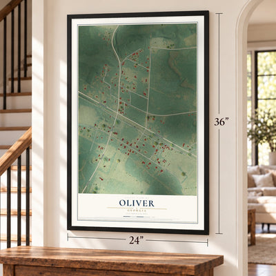 Oliver, Georgia map, 24 x 36 inch print in a black frame by a staircase