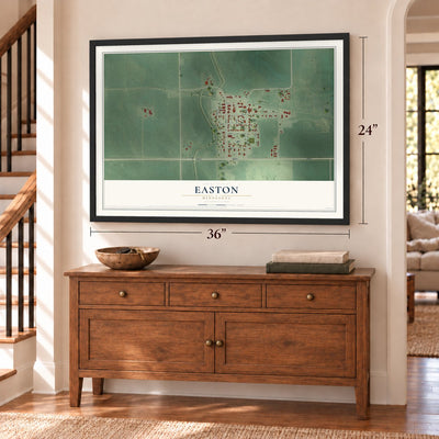 Easton, Minnesota map, 24 x 36 inch print in a black frame above a dresser by a staircase