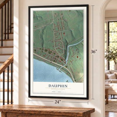 Dauphin, Pennsylvania map, 24 x 36 inch print in a black frame by a staircase
