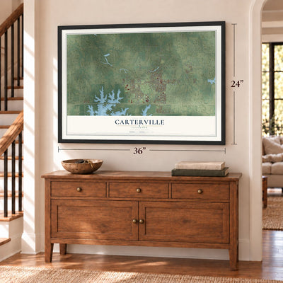 Carterville, Illinois map, 24 x 36 inch print in a black frame above a dresser by a staircase