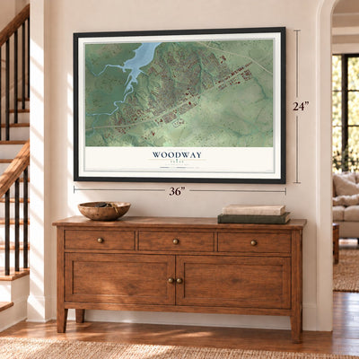 Woodway, Texas map, 24 x 36 inch print in a black frame above a dresser by a staircase