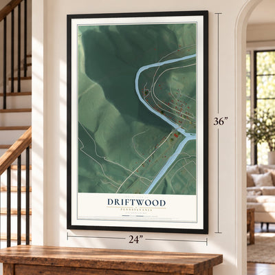 Driftwood, Pennsylvania map, 24 x 36 inch print in a black frame by a staircase