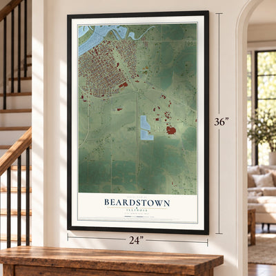 Beardstown, Illinois map, 24 x 36 inch print in a black frame by a staircase