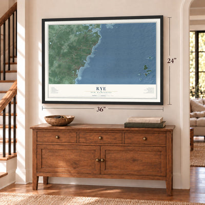 Rye, New Hampshire map, 24 x 36 inch print in a black frame above a dresser by a staircase