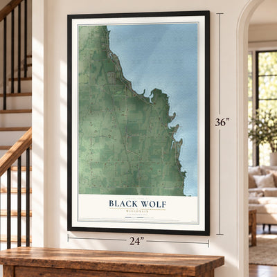 Black Wolf, Wisconsin map, 24 x 36 inch print in a black frame by a staircase