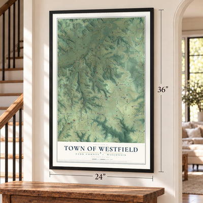 Town of Westfield, Sauk County, Wisconsin map, 24 x 36 inch print in a black frame by a staircase