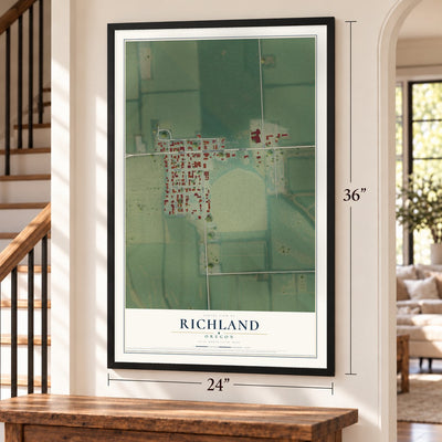 Richland, Oregon map, 24 x 36 inch print in a black frame by a staircase