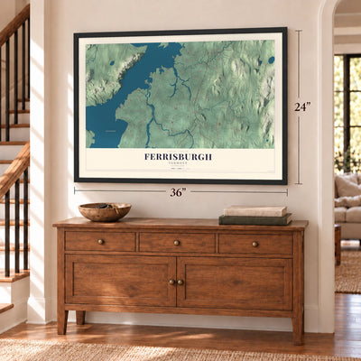Ferrisburgh, Vermont map, 24 x 36 inch print in a black frame above a dresser by a staircase