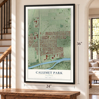 Calumet Park, Illinois map, 24 x 36 inch print in a black frame by a staircase
