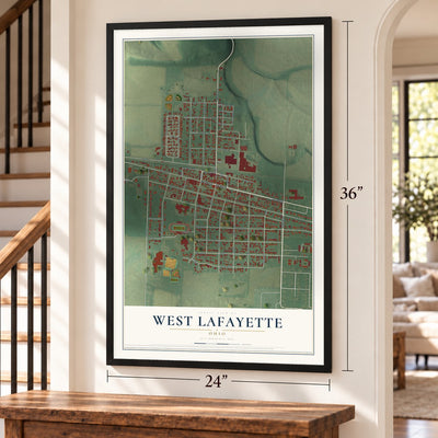 West Lafayette, Ohio map, 24 x 36 inch print in a black frame by a staircase
