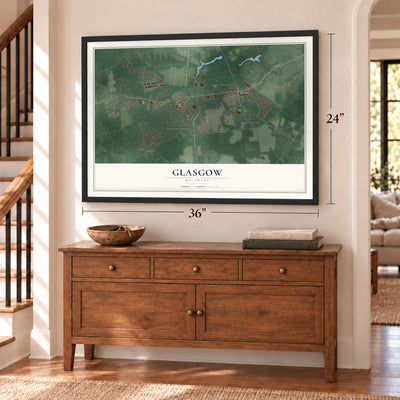 Glasgow, Delaware map, 24 x 36 inch print in a black frame above a dresser by a staircase