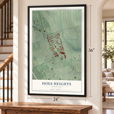 Hoes Heights, Maryland map, 24 x 36 inch print in a black frame by a staircase