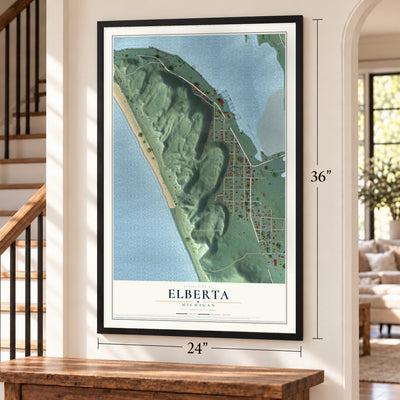 Elberta, Michigan map, 24 x 36 inch print in a black frame by a staircase