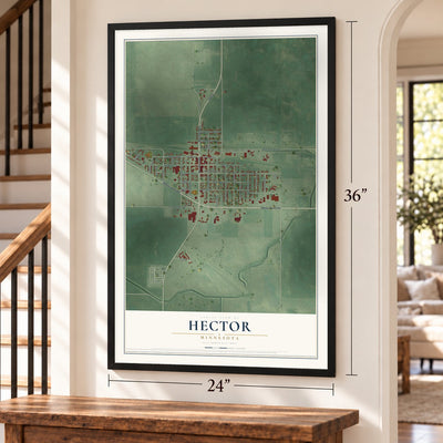 Hector, Minnesota map, 24 x 36 inch print in a black frame by a staircase
