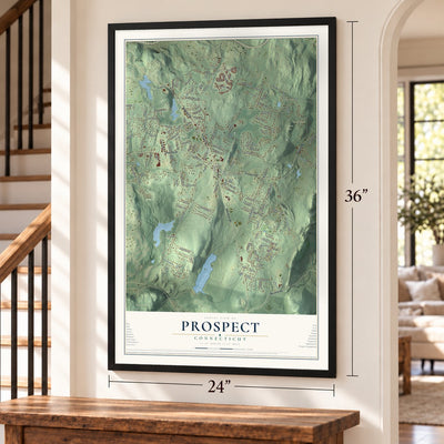 Prospect, Connecticut map, 24 x 36 inch print in a black frame by a staircase