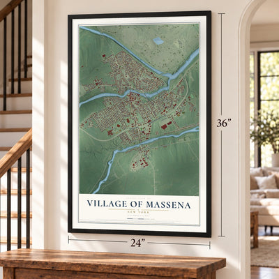 Village of Massena, New York map, 24 x 36 inch print in a black frame by a staircase