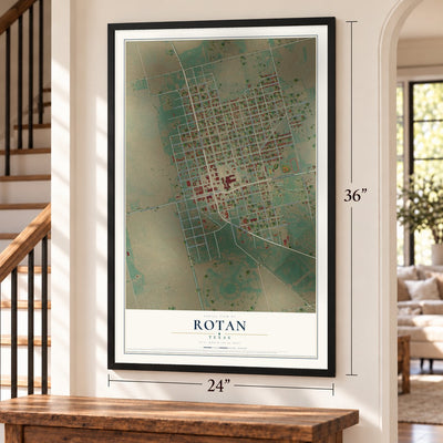Rotan, Texas map, 24 x 36 inch print in a black frame by a staircase