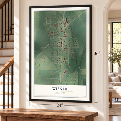 Wisner, Louisiana map, 24 x 36 inch print in a black frame by a staircase
