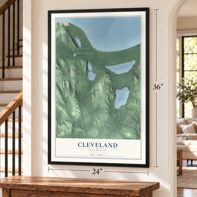 Cleveland, Michigan map, 24 x 36 inch print in a black frame by a staircase