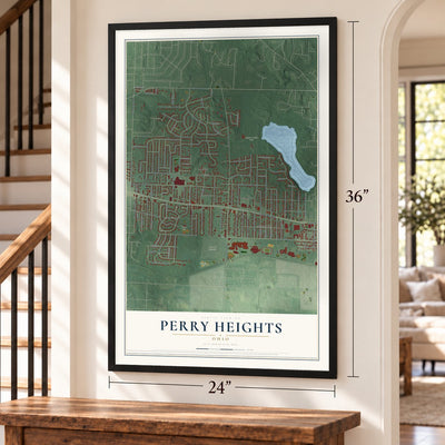 Perry Heights, Ohio map, 24 x 36 inch print in a black frame by a staircase