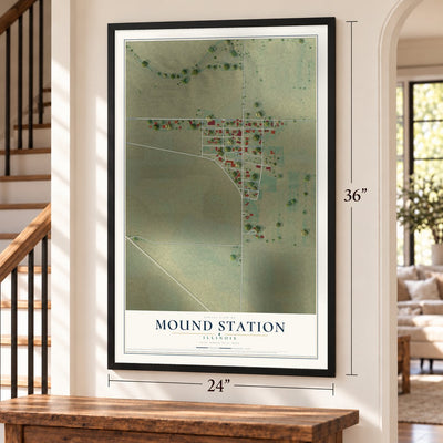 Mound Station, Illinois map, 24 x 36 inch print in a black frame by a staircase