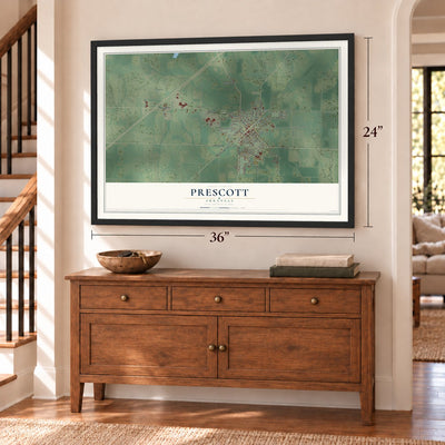 Prescott, Arkansas map, 24 x 36 inch print in a black frame above a dresser by a staircase