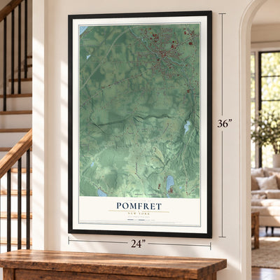 Pomfret, New York map, 24 x 36 inch print in a black frame by a staircase