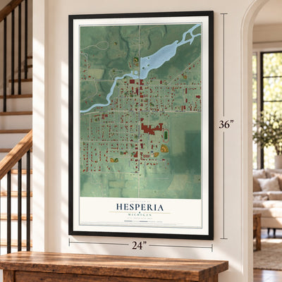 Hesperia, Michigan map, 24 x 36 inch print in a black frame by a staircase