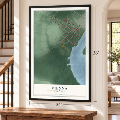 Vienna, Maryland map, 24 x 36 inch print in a black frame by a staircase