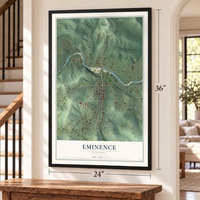 Eminence, Missouri map, 24 x 36 inch print in a black frame by a staircase