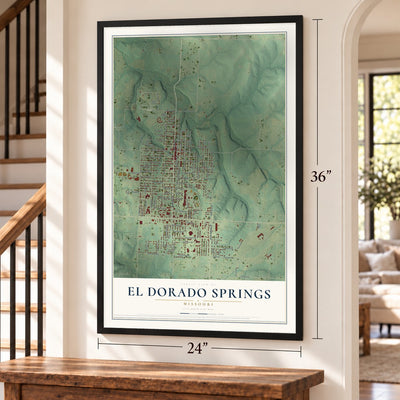 El Dorado Springs, Missouri map, 24 x 36 inch print in a black frame by a staircase
