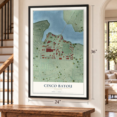 Cinco Bayou, Florida map, 24 x 36 inch print in a black frame by a staircase