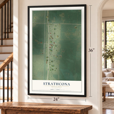Strathcona, Minnesota map, 24 x 36 inch print in a black frame by a staircase