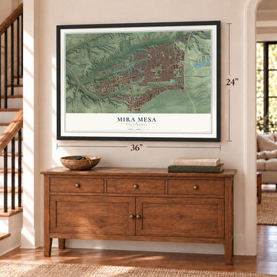 Mira Mesa, California map, 24 x 36 inch print in a black frame above a dresser by a staircase