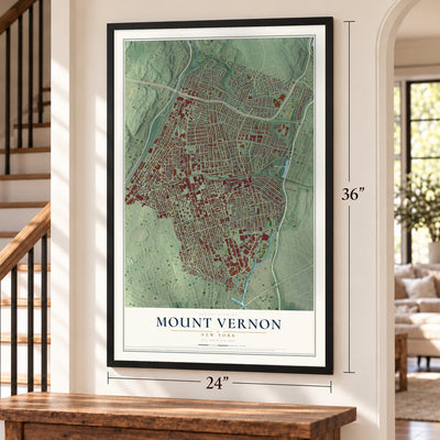 Mount Vernon, New York map, 24 x 36 inch print in a black frame by a staircase