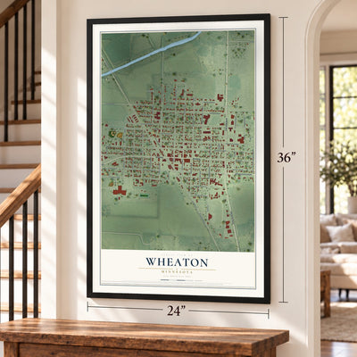 Wheaton, Minnesota map, 24 x 36 inch print in a black frame by a staircase