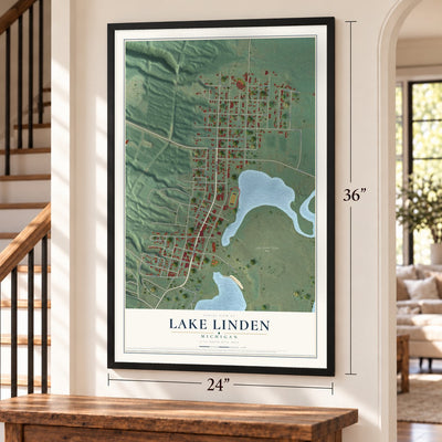 Lake Linden, Michigan map, 24 x 36 inch print in a black frame by a staircase