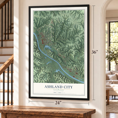 Ashland City, Tennessee map, 24 x 36 inch print in a black frame by a staircase
